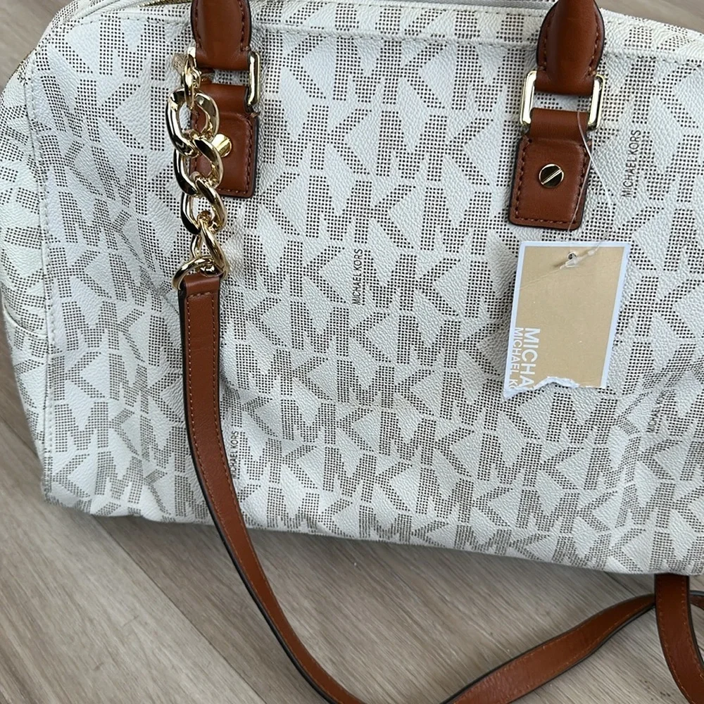 Michael Kors Monogram Cream and Brown Satchel jet travel bag